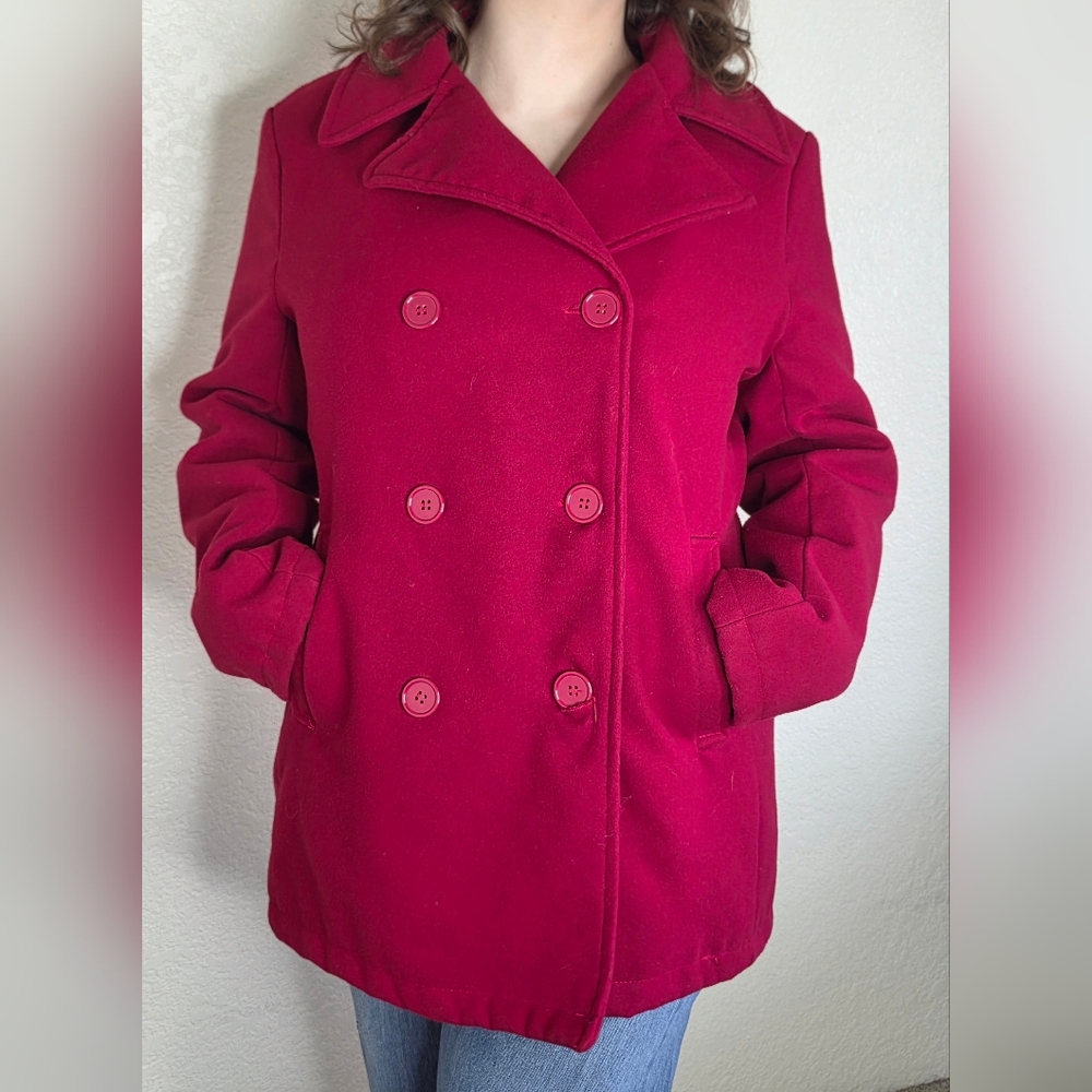 Elegant Women's Double-Breasted Pea Coat in Rich Red